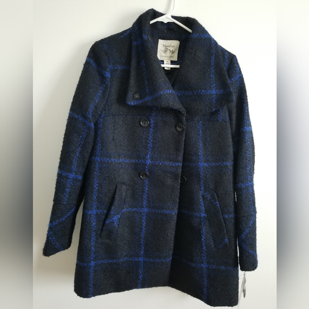New Women's Maralyn & Me Black and Blue Checkered Peacoat